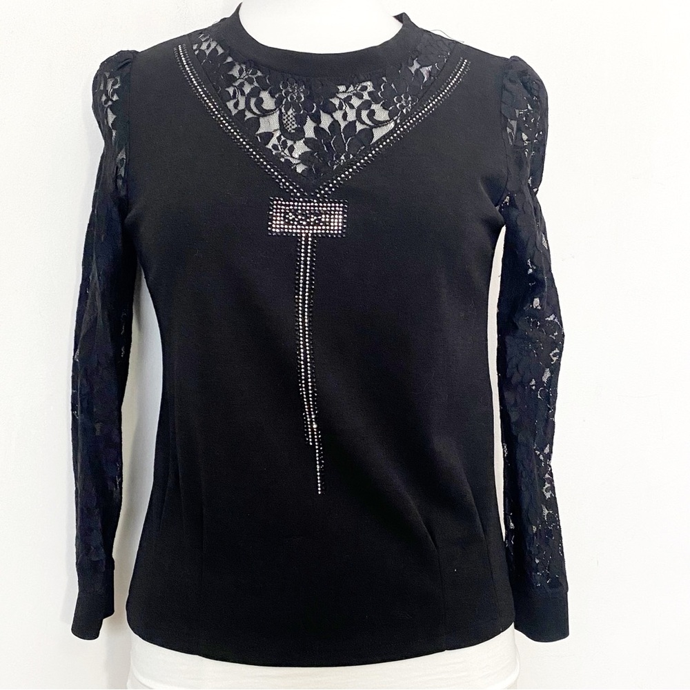 Unbranded Elegant Black Rib Knit Lace sleeve Women's Top sparkly design XL